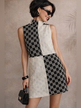 BURU Black White Patchwork High Neck Sleeveless Shift Dress XS